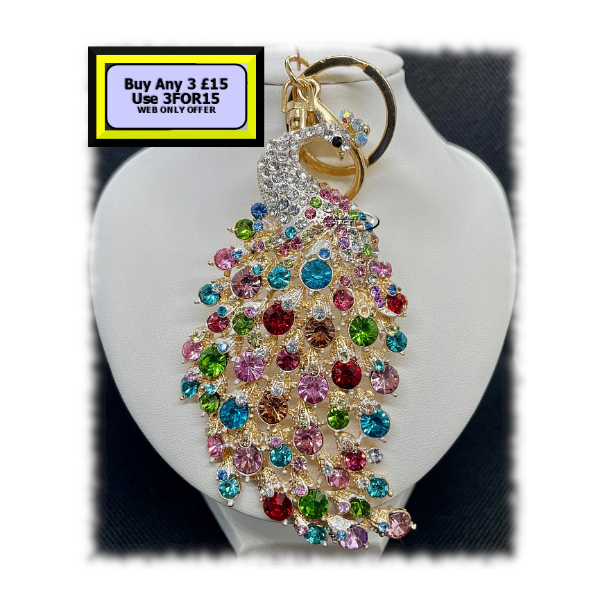 Peacock Keyring - Bagcharm Crystal Rhinestone