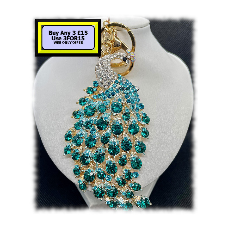 Peacock Keyring - Bagcharm Crystal Rhinestone TB