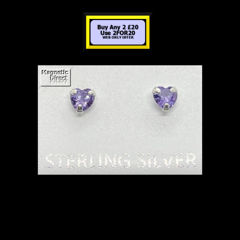 Heart Stud Earrings CZ-Amethyst Sterling Silver